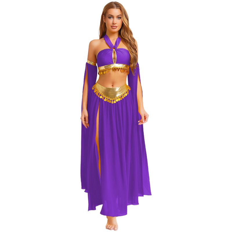 Women's Belly Dance Costume Set - Chiffon Skirt Purple XXL with Crop Top & Sleeves