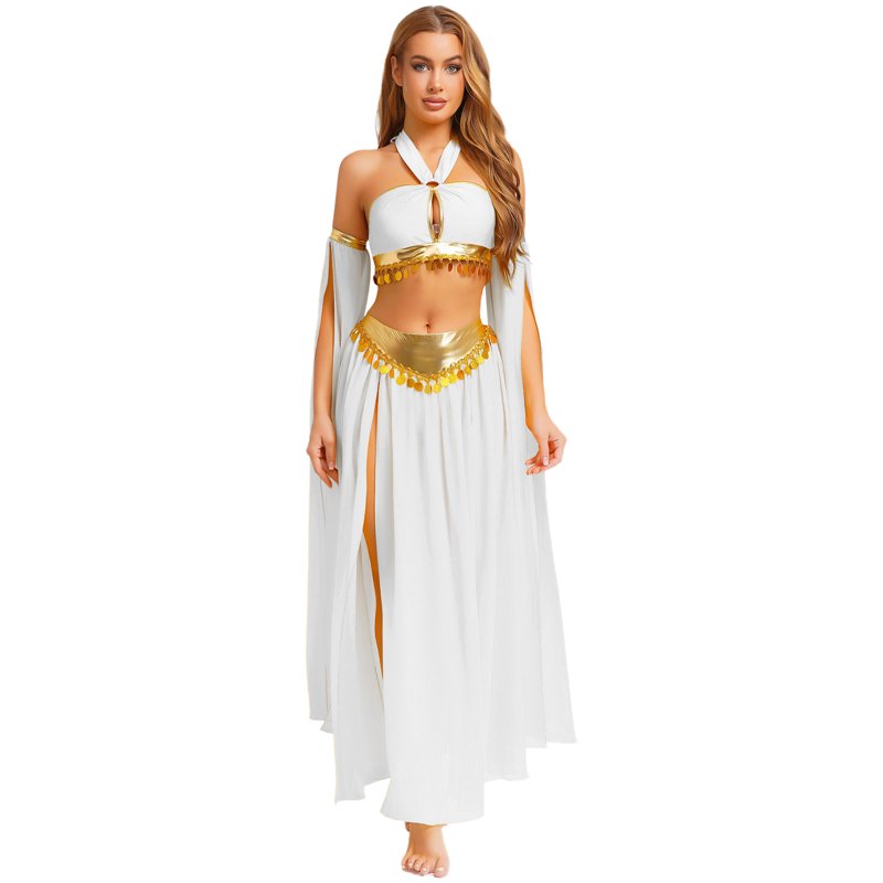 Women Belly Dance Costume Set with Chiffon Skirt and Sleeves - White M