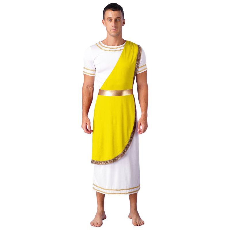 Men's Greek Toga Costume Short Sleeve Tunic with Belt - Yellow 3XL
