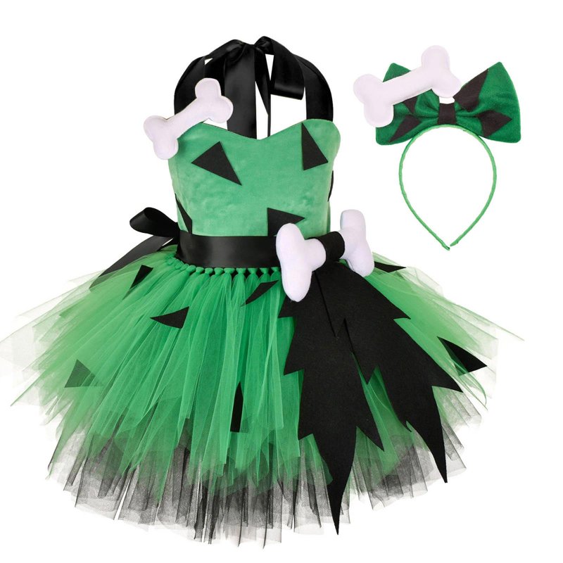 Kids Baby Bam Bam Costume Caveman Cavegirl Halloween Dress - Green/Black 7-8 Years