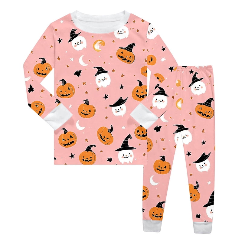 Pink Halloween Baby Girl Pajama Set Long Sleeve Pumpkin Print 5T - Comfortable Fall Winter Sleepwear