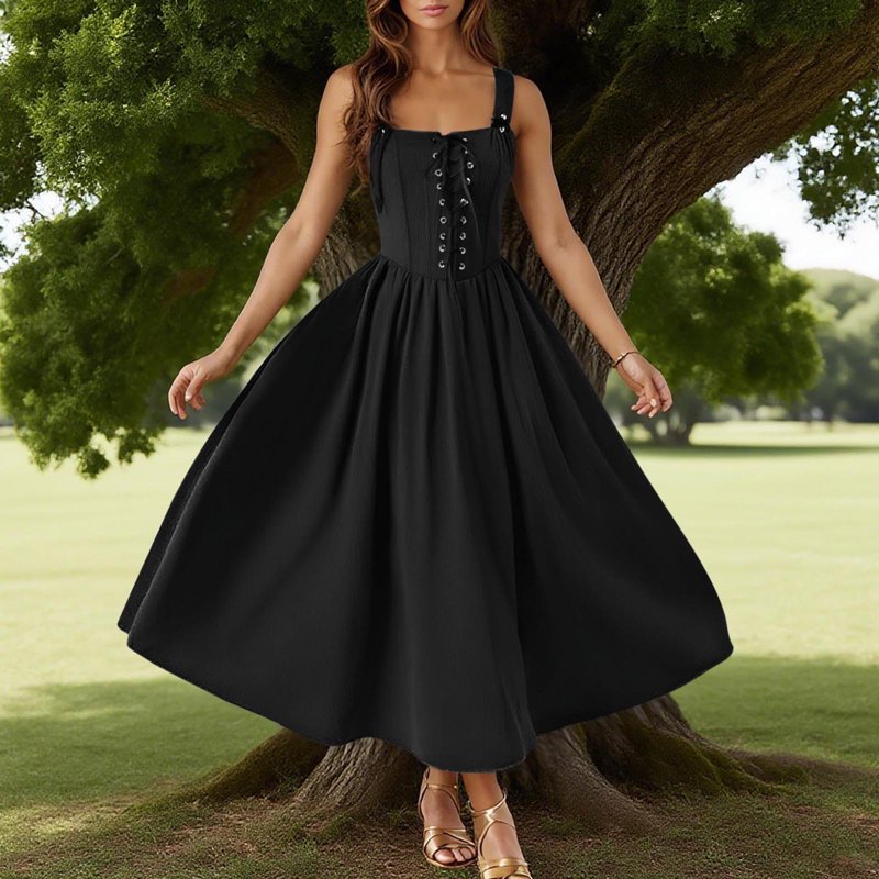 Women's Renaissance Lace Up Long Dress Vintage Victorian Halloween Costume - Black XL
