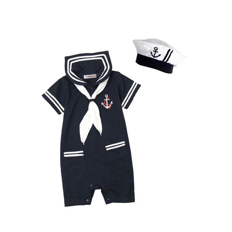 Baby Boy Marine Sailor Romper Set - Blue 6-12 Months with Hat - Infant One-Piece