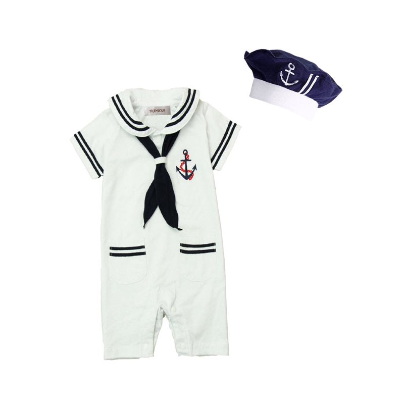 Baby Boy Marine Sailor Romper Set with Hat - White, 6-12 Months