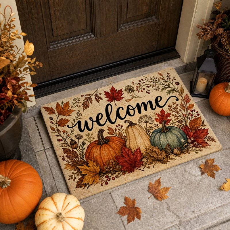 Autumn Pumpkin Maple Leaf Doormat - Fall Welcome Rug with Non-Slip Backing - Multicolor005, 16x24 Inch