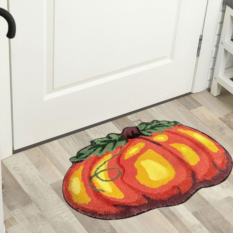 Pumpkin Shape Fall Bathroom Rug D - Non-Slip Orange Floor Mat 24x16 Inch